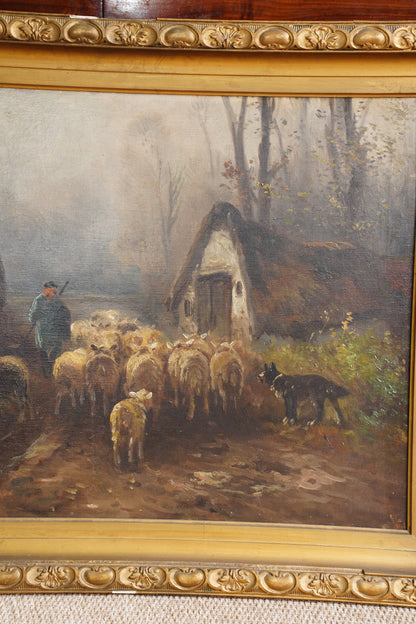 Antique Signed Sheep Oil Painting, Shepherd and Flock