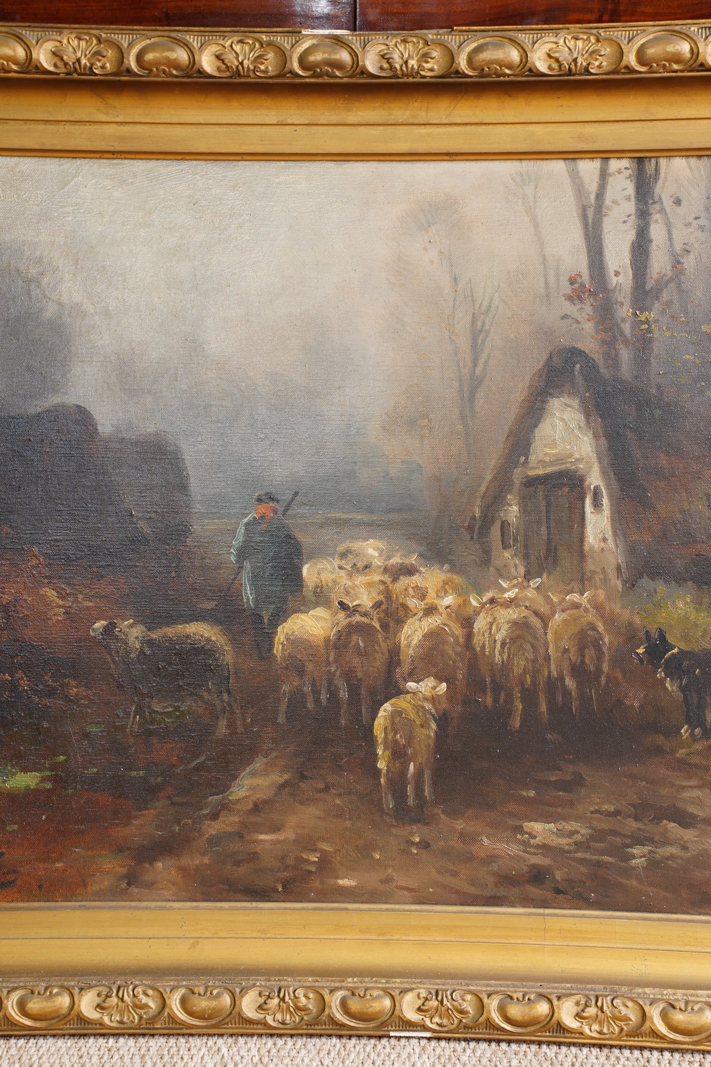 Antique Signed Sheep Oil Painting, Shepherd and Flock
