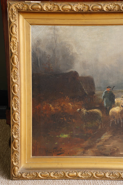 Antique Signed Sheep Oil Painting, Shepherd and Flock