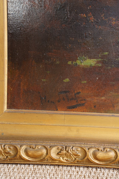 Antique Signed Sheep Oil Painting, Shepherd and Flock