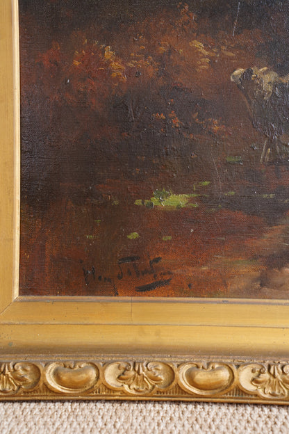 Antique Signed Sheep Oil Painting, Shepherd and Flock