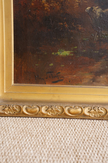 Antique Signed Sheep Oil Painting, Shepherd and Flock