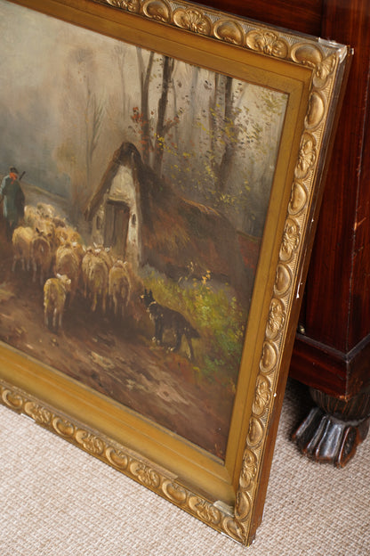 Antique Signed Sheep Oil Painting, Shepherd and Flock