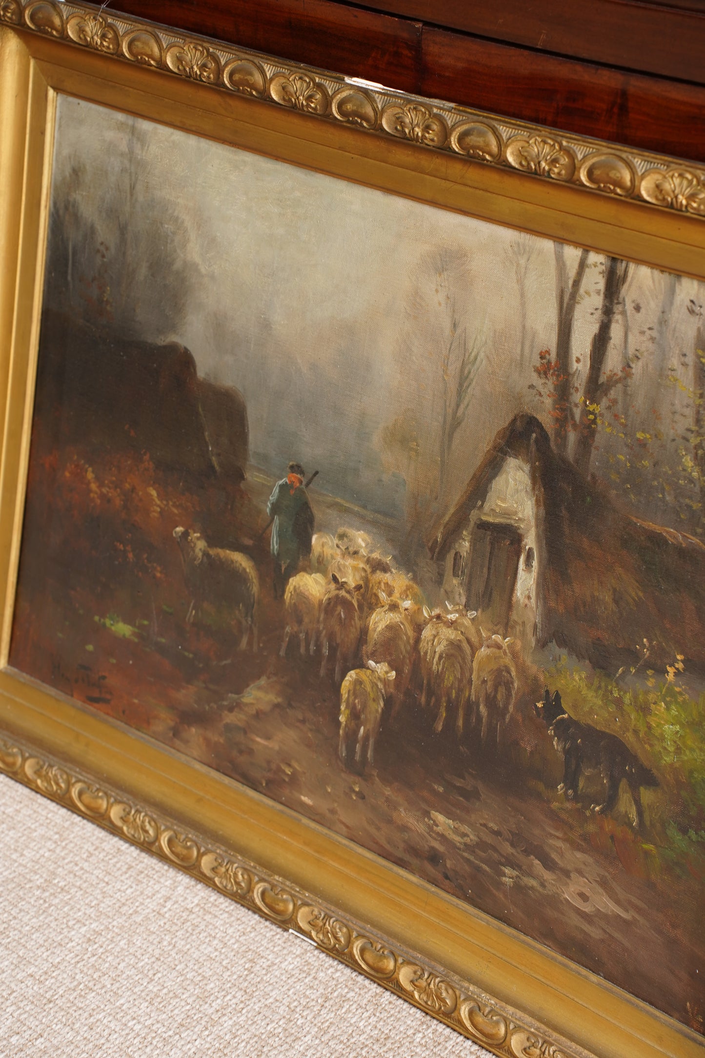 Antique Signed Sheep Oil Painting, Shepherd and Flock