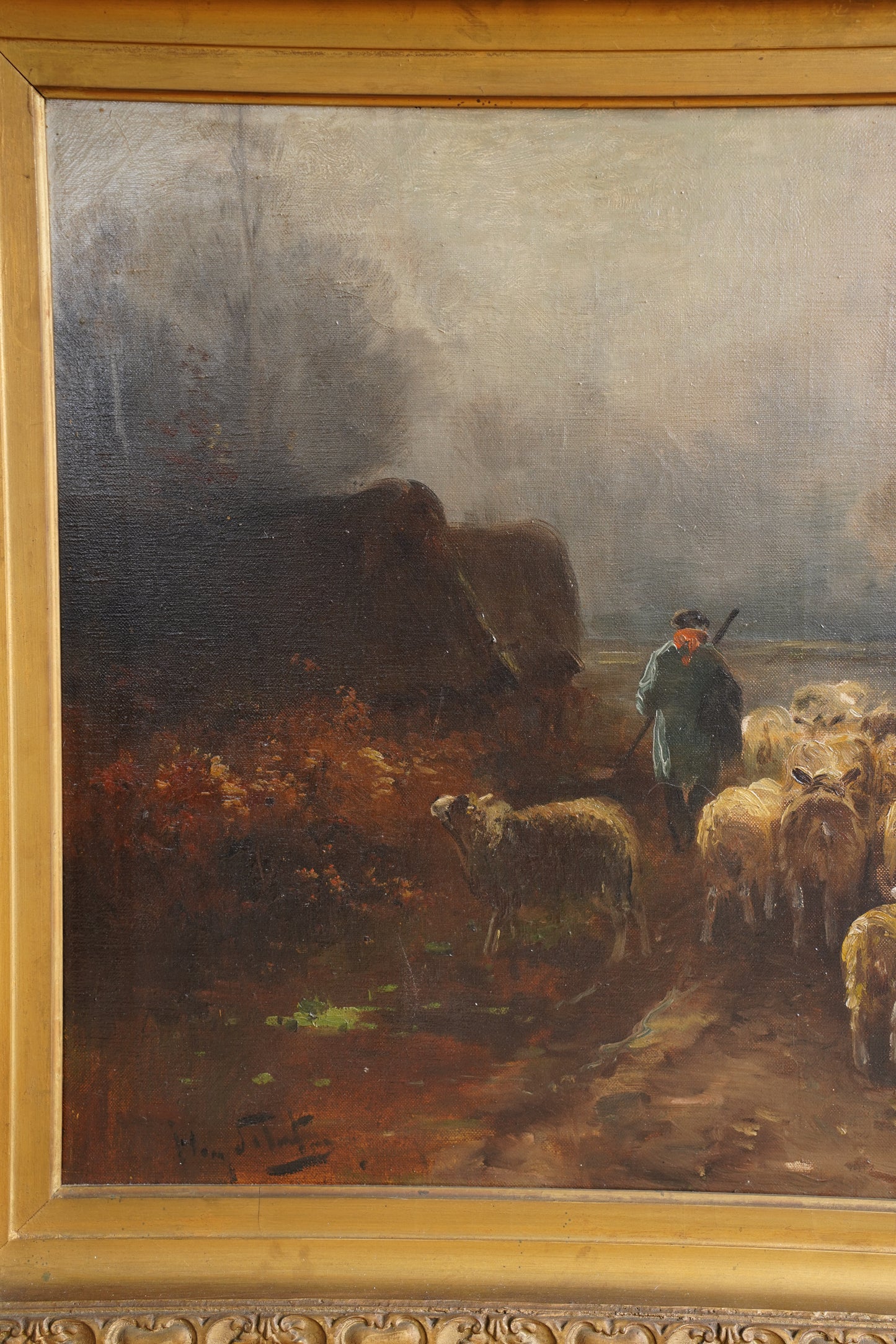 Antique Signed Sheep Oil Painting, Shepherd and Flock