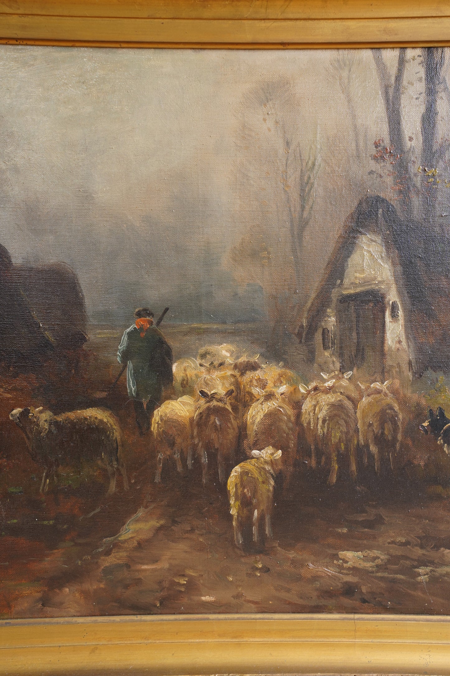 Antique Signed Sheep Oil Painting, Shepherd and Flock