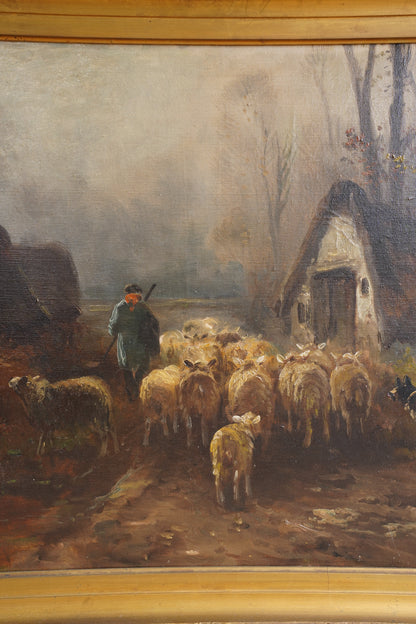 Antique Signed Sheep Oil Painting, Shepherd and Flock