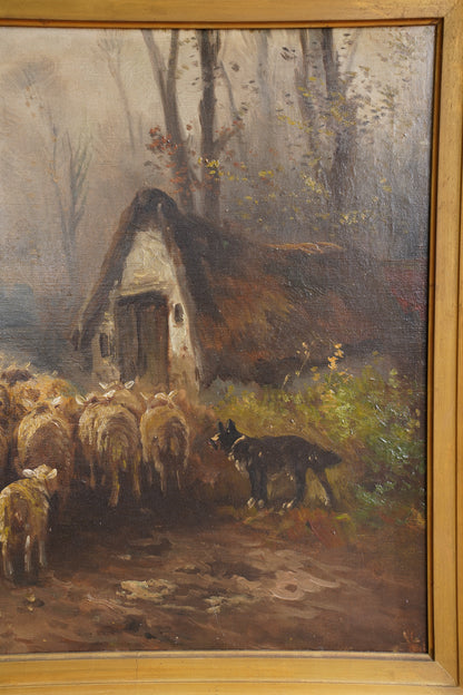 Antique Signed Sheep Oil Painting, Shepherd and Flock
