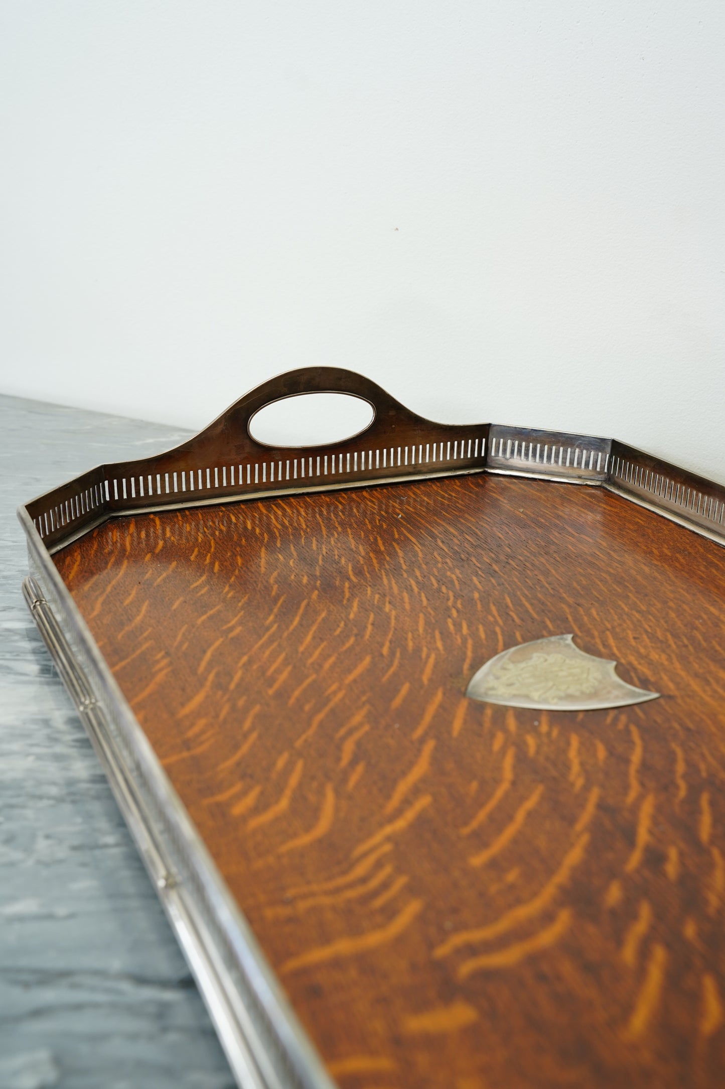 Antique Oak Serving Tray, English Silverplate Gallery