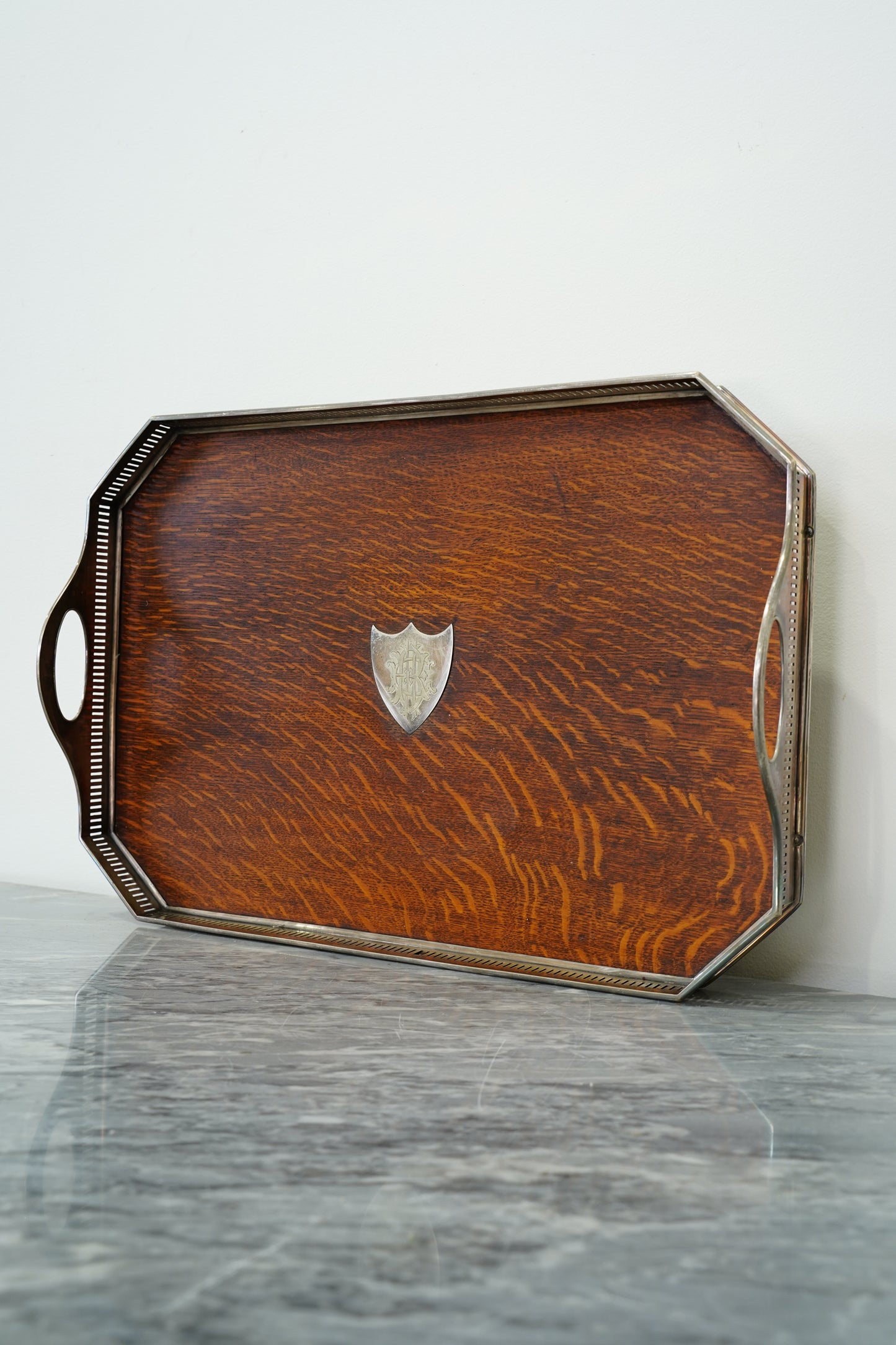 Antique Oak Serving Tray, English Silverplate Gallery