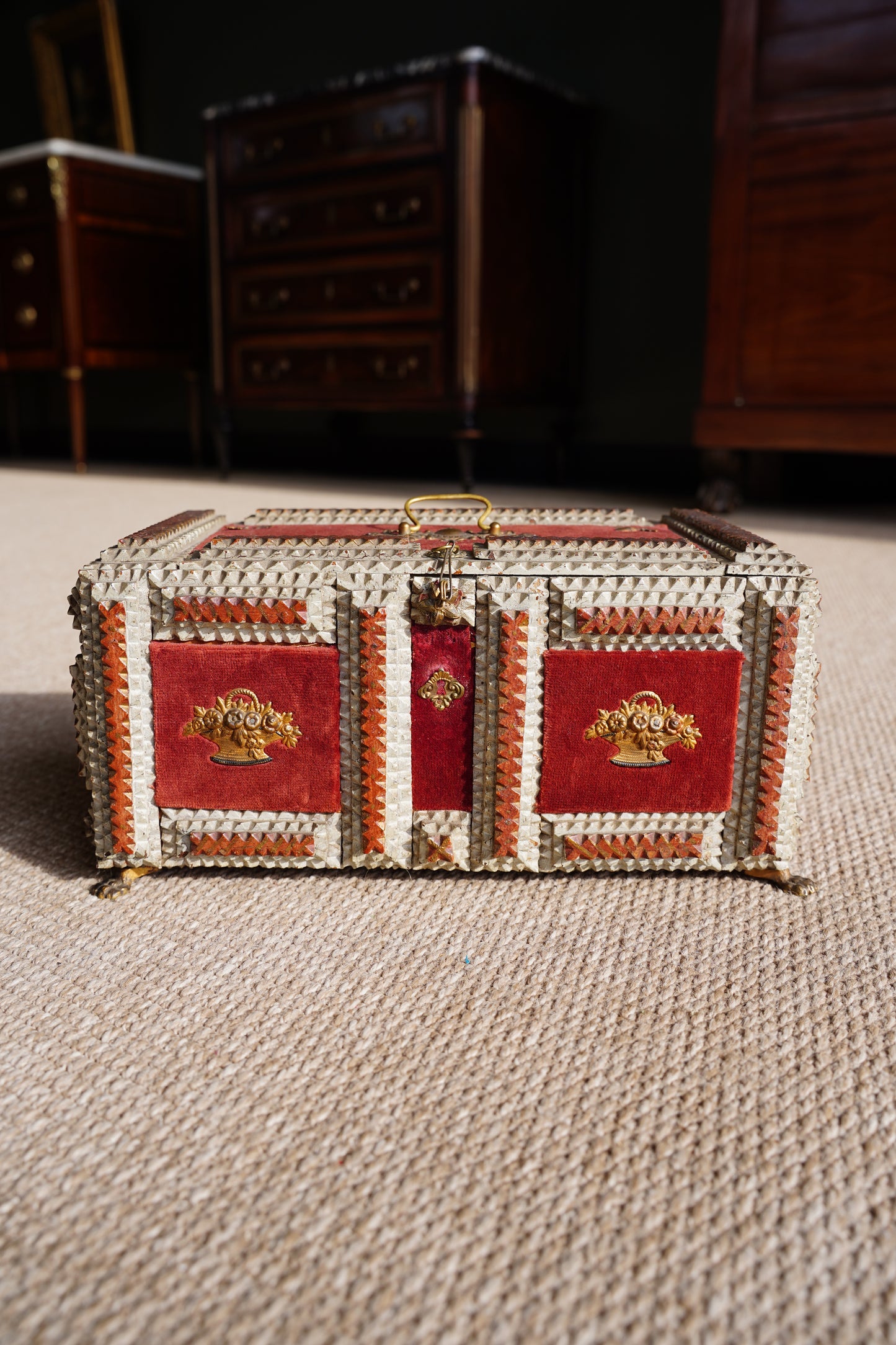 Antique Tramp Art Box, Red Velvet and Gilt Baskets, Circa 1900