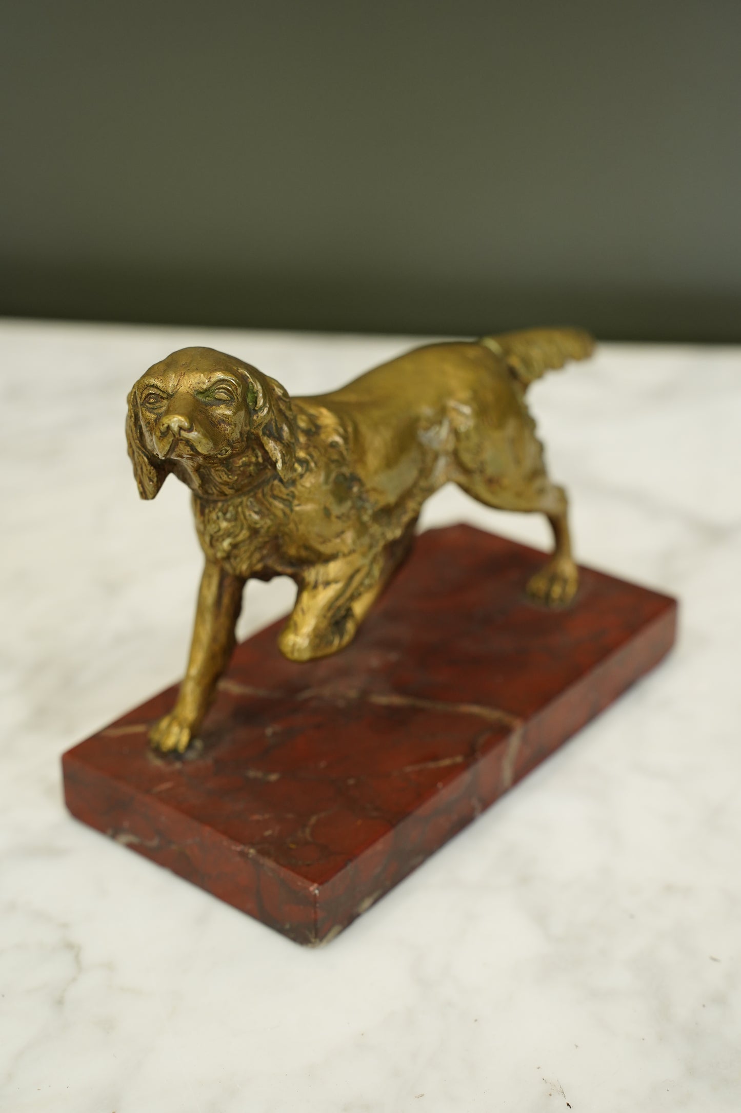 French Brass Setter Dog Figure on Marble