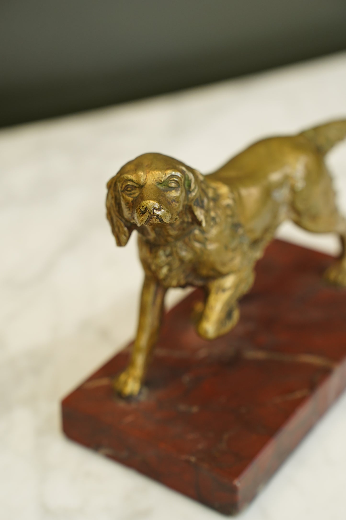 French Brass Setter Dog Figure on Marble