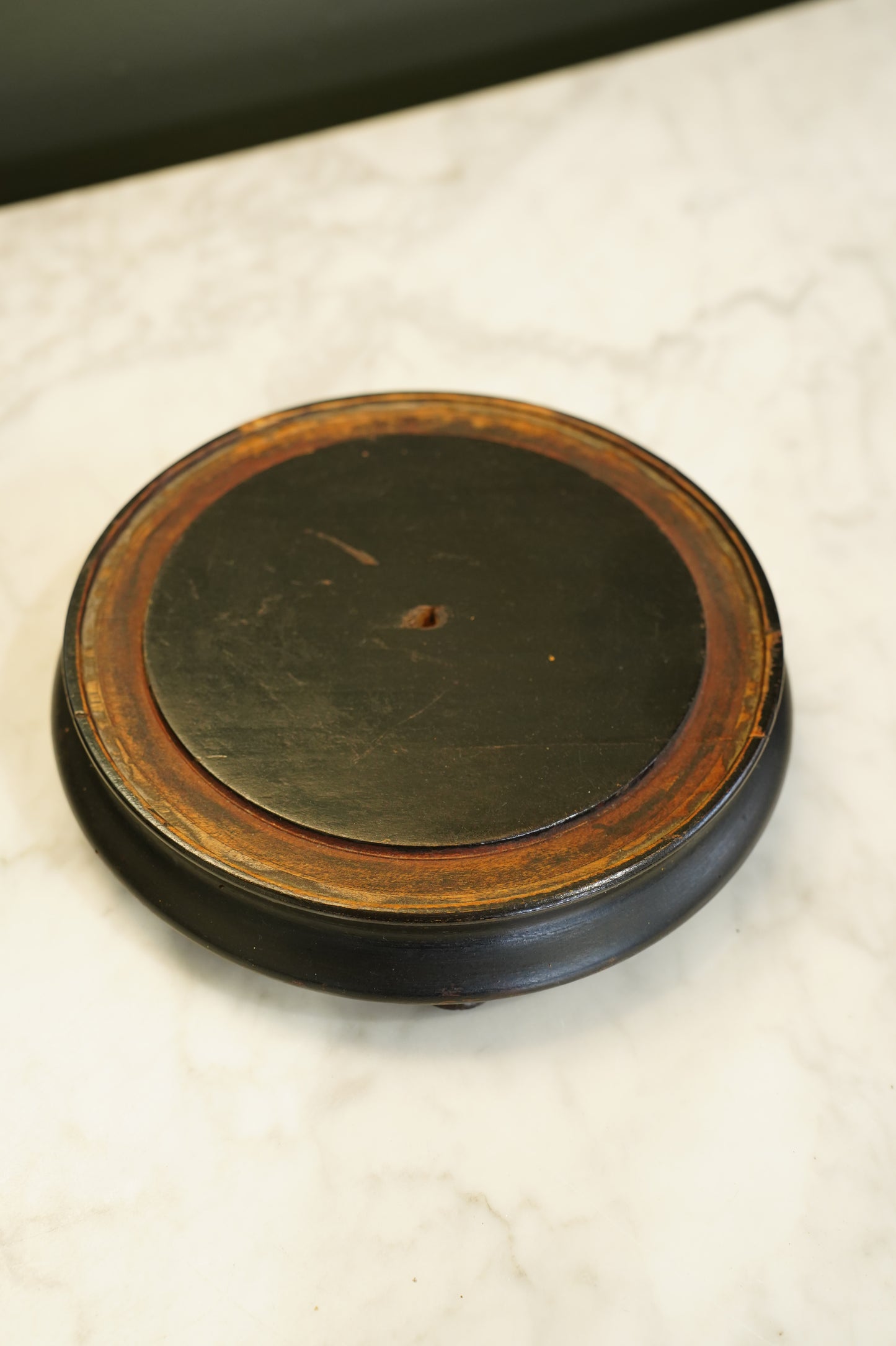Antique French Ebonized Wood Display Riser Footed Stand, Small Round