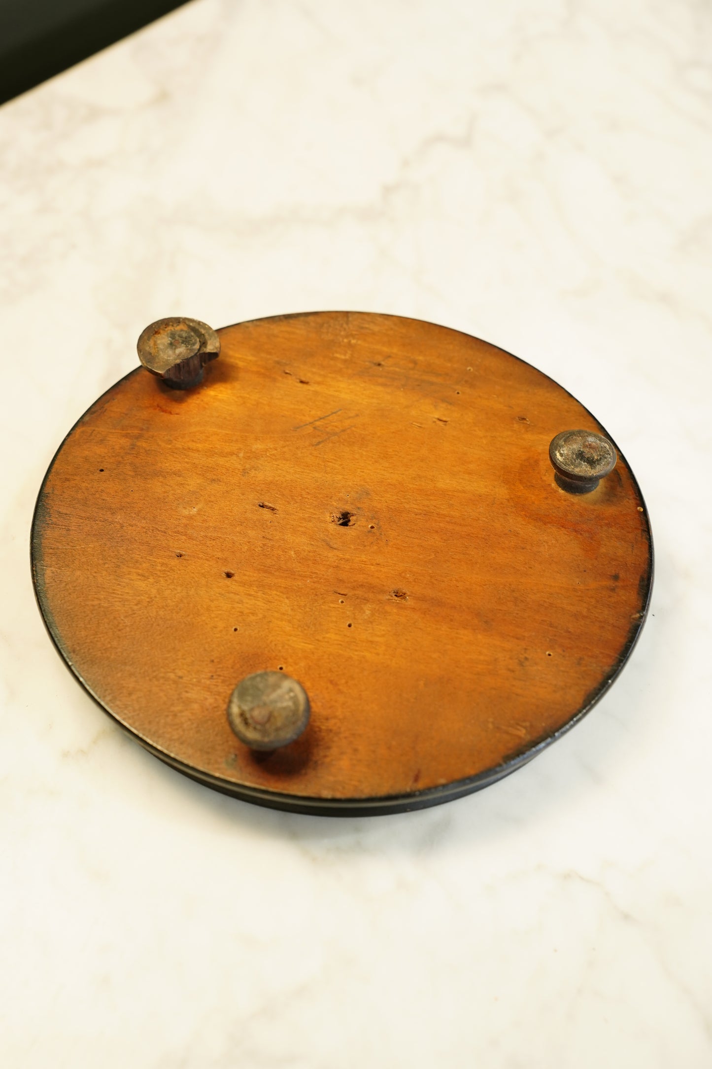 Antique French Ebonized Wood Display Riser Footed Stand, Small Round
