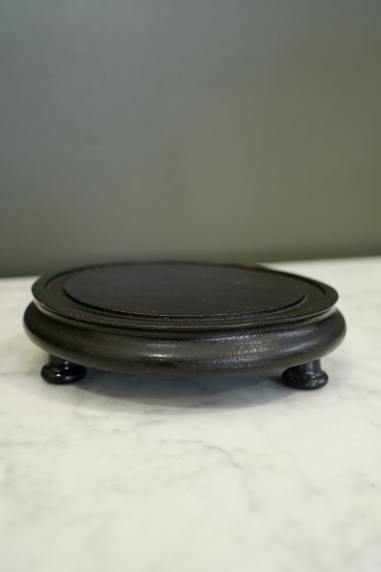 Antique French Ebonized Wood Display Riser Footed Stand, Small Round