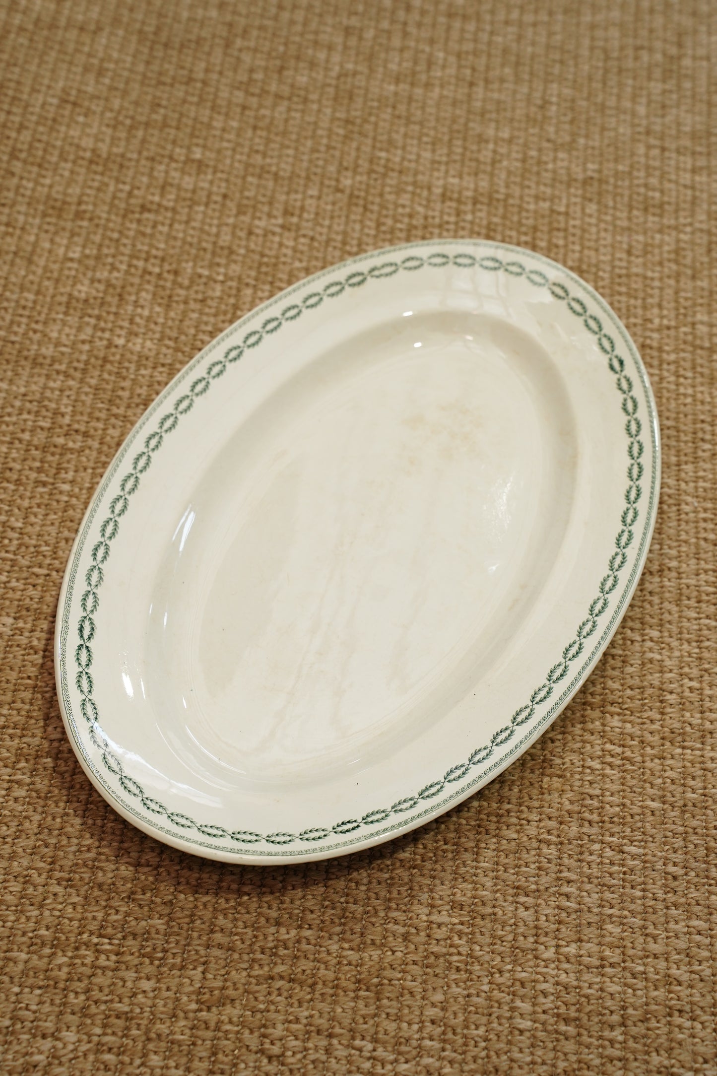 Antique French Serving Platter, Green Laurel Border, Circa 1900