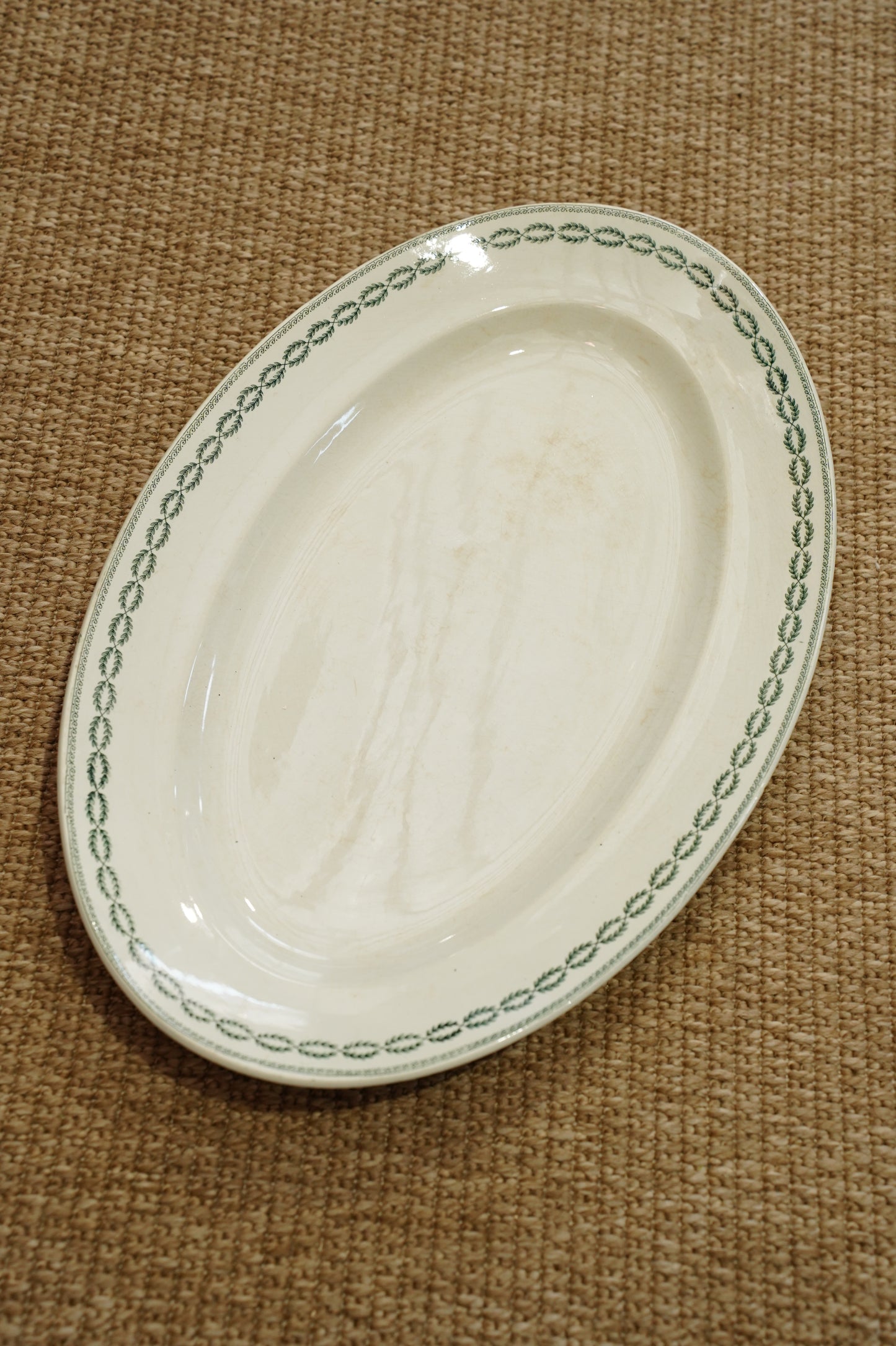 Antique French Serving Platter, Green Laurel Border, Circa 1900