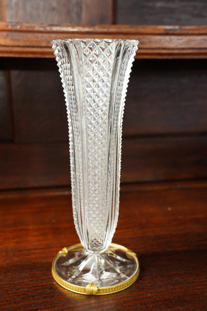 Vintage French Pressed Crystal Bud Vase with Gilt Brass Foot