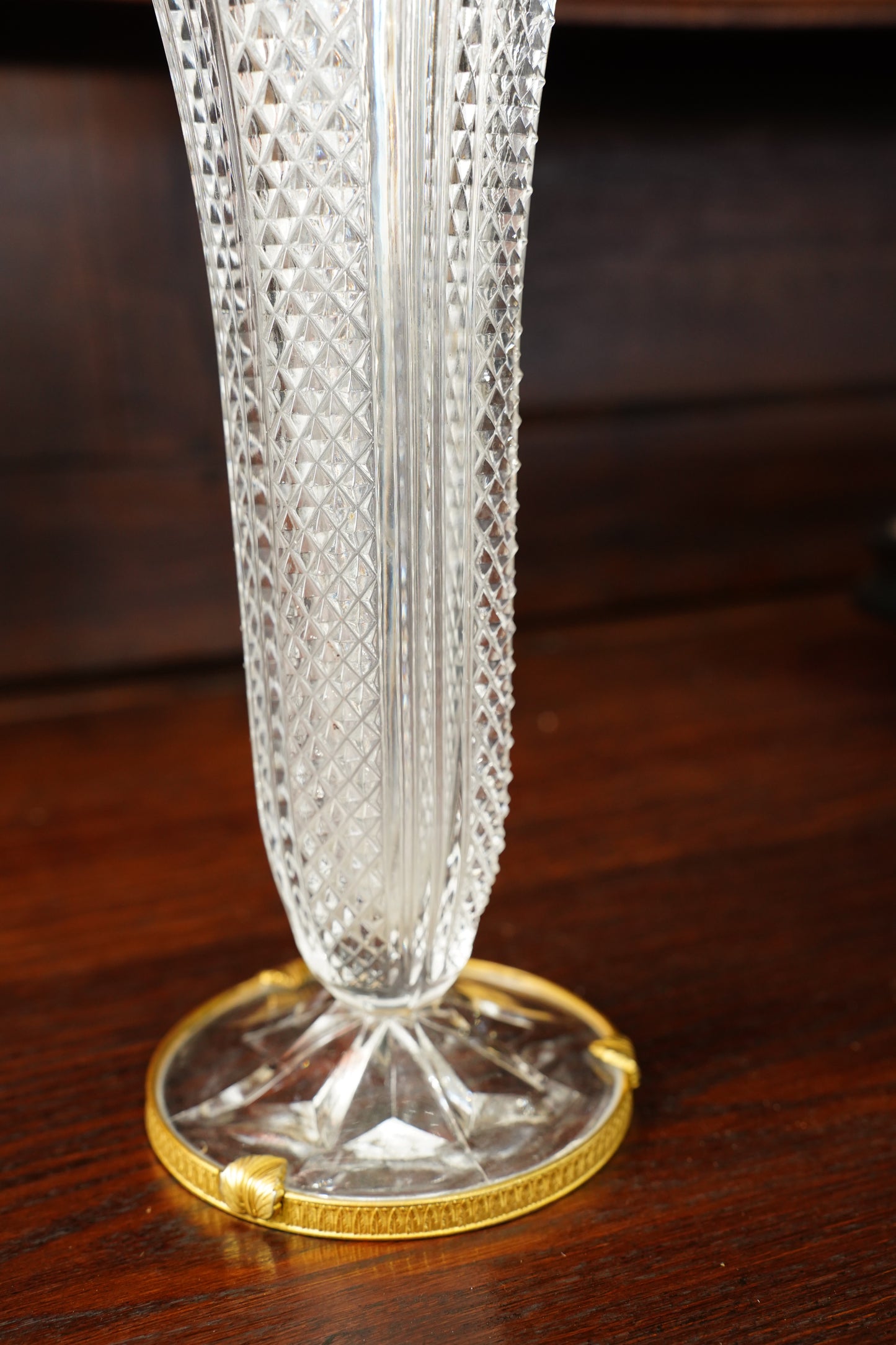 Vintage French Pressed Crystal Bud Vase with Gilt Brass Foot