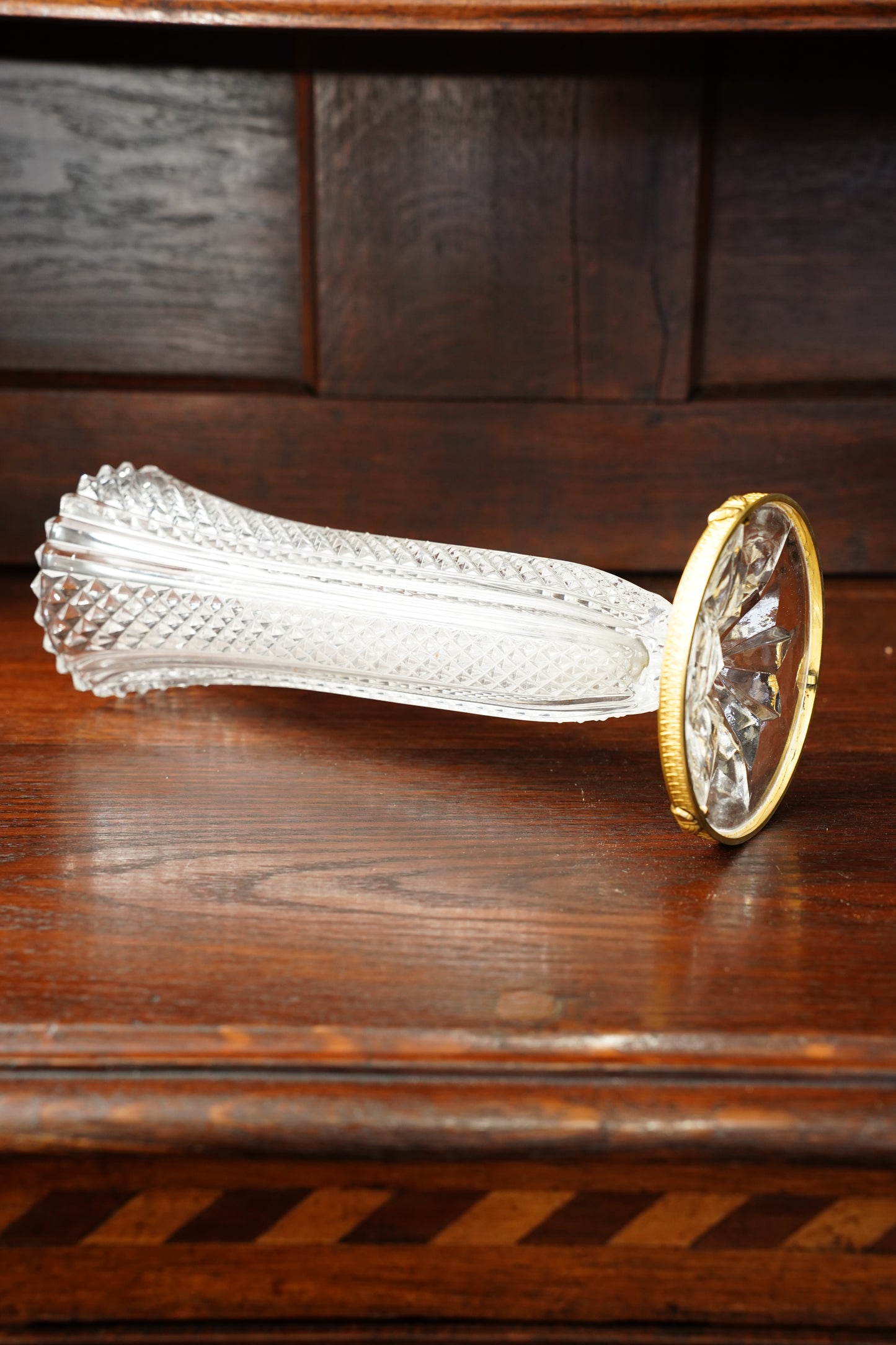 Vintage French Pressed Crystal Bud Vase with Gilt Brass Foot