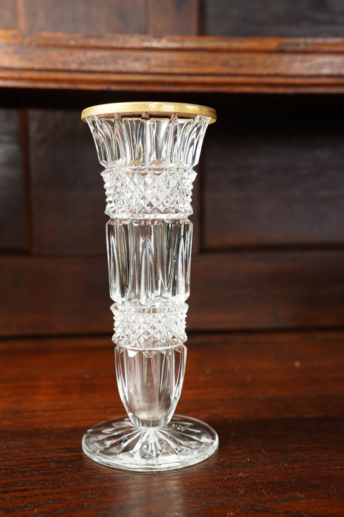Vintage French Pressed Crystal Bud Vase with Gilt Brass Foot