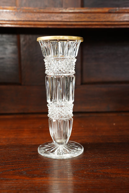 Vintage Cut Glass Bud Vase with Gilt Brass Rim