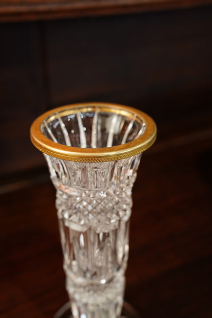 Vintage Cut Glass Bud Vase with Gilt Brass Rim