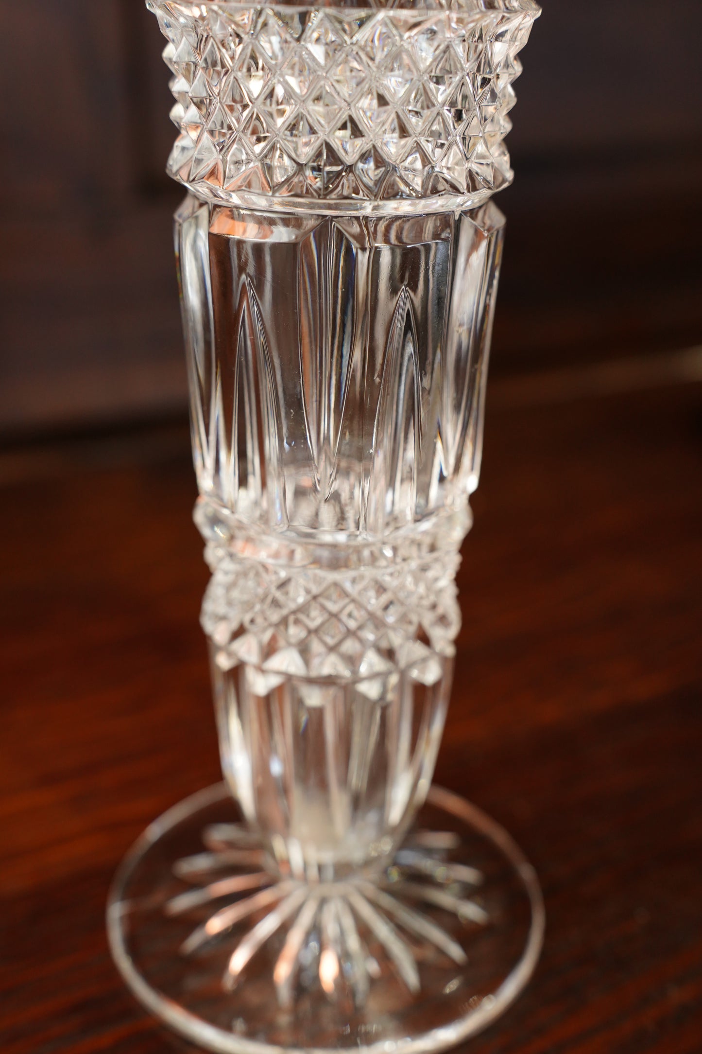 Vintage Cut Glass Bud Vase with Gilt Brass Rim