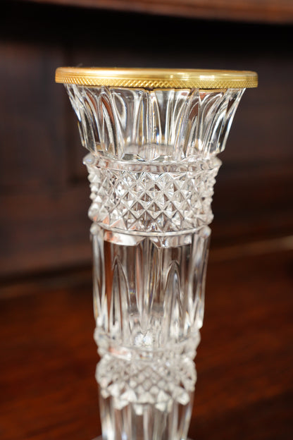 Vintage Cut Glass Bud Vase with Gilt Brass Rim