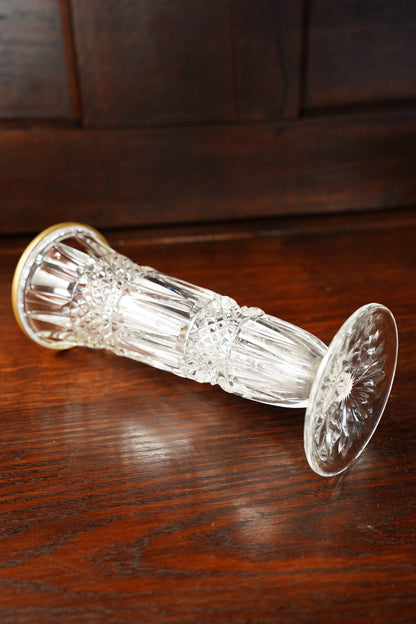 Vintage Cut Glass Bud Vase with Gilt Brass Rim