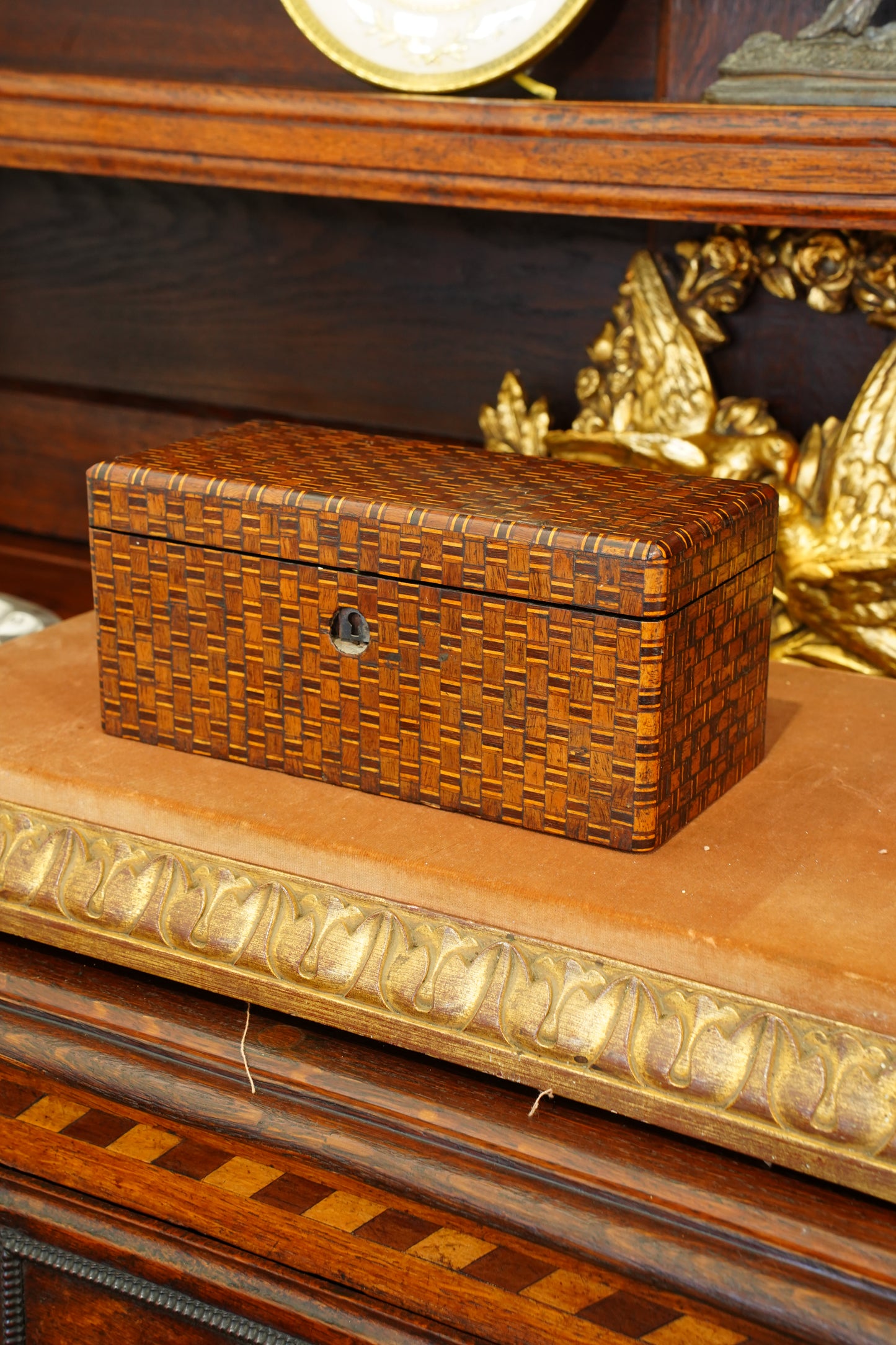 Antique Inlaid Wood Tea Caddy with Basket Weave Pattern, Circa 1880