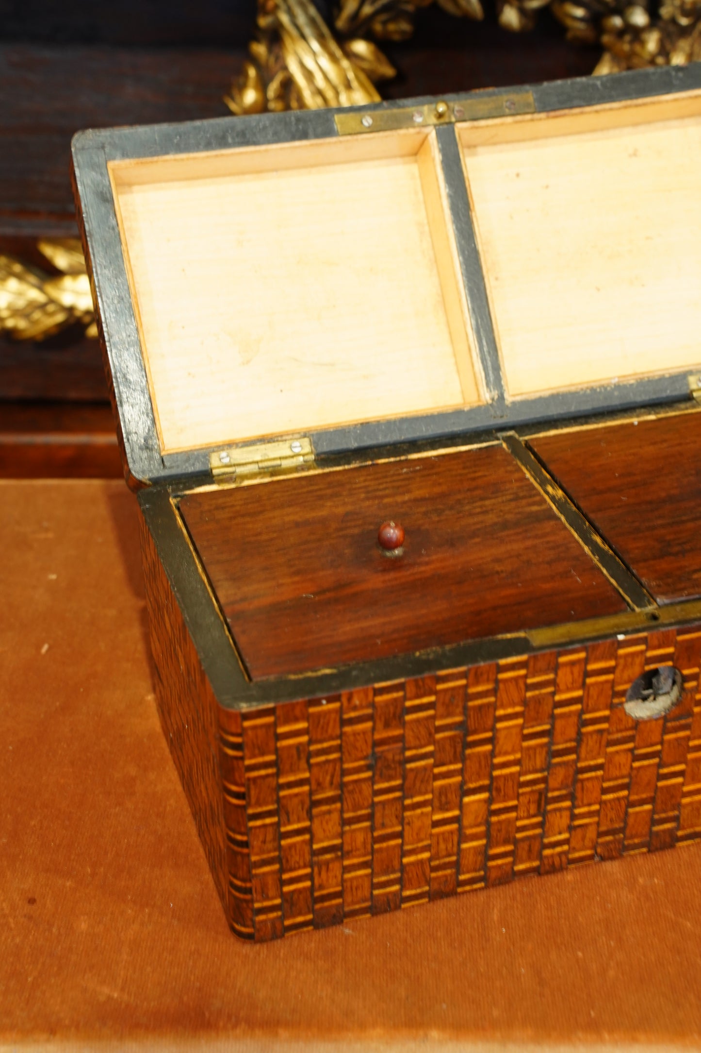 Antique Inlaid Wood Tea Caddy with Basket Weave Pattern, Circa 1880
