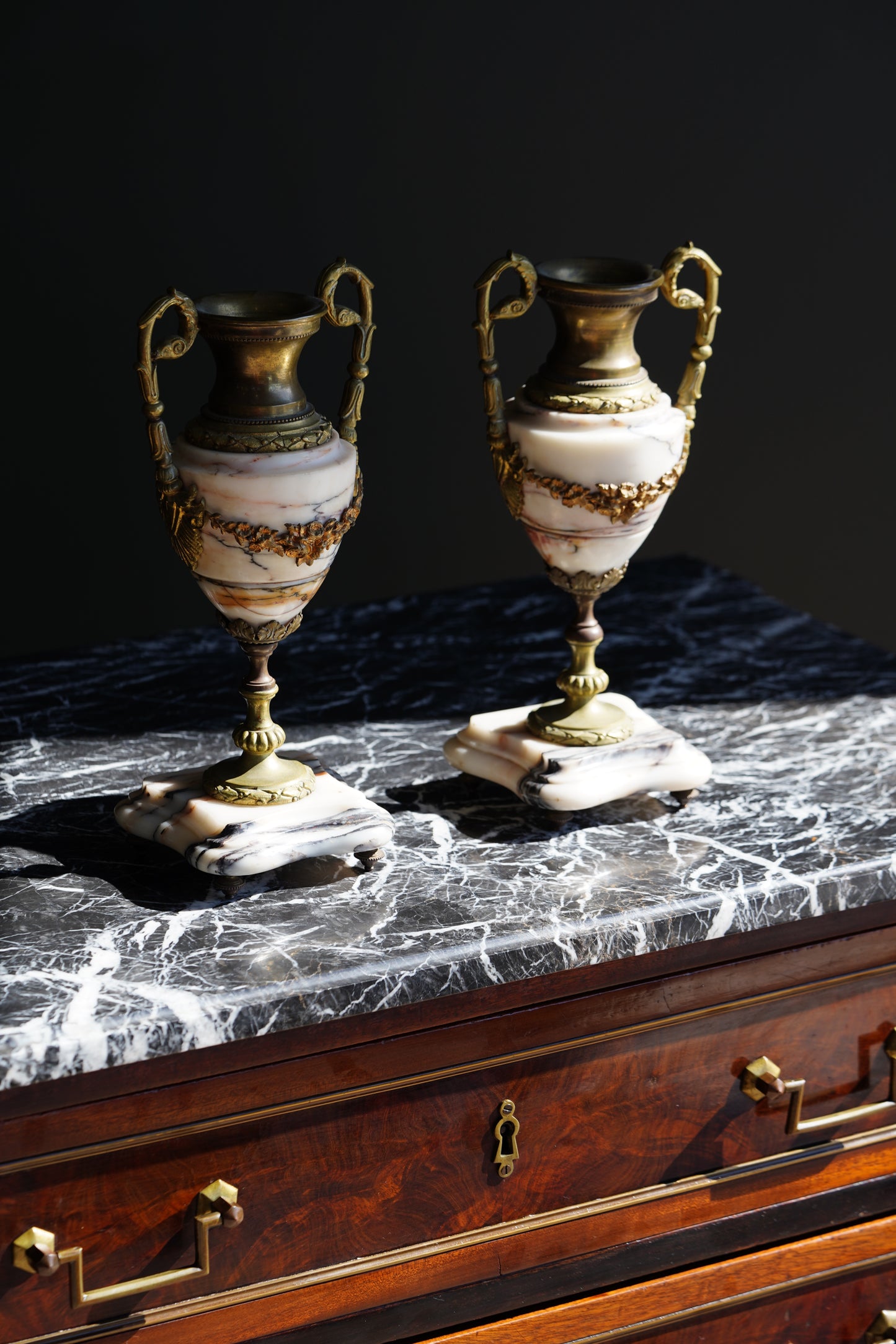 Antique French Marble and Brass Urns, Pair, Circa 1900