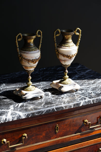 Antique French Marble and Brass Urns, Pair, Circa 1900