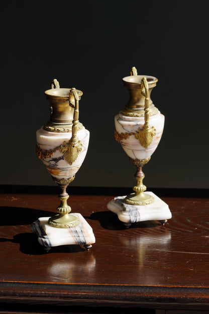 Antique French Marble and Brass Urns, Pair, Circa 1900