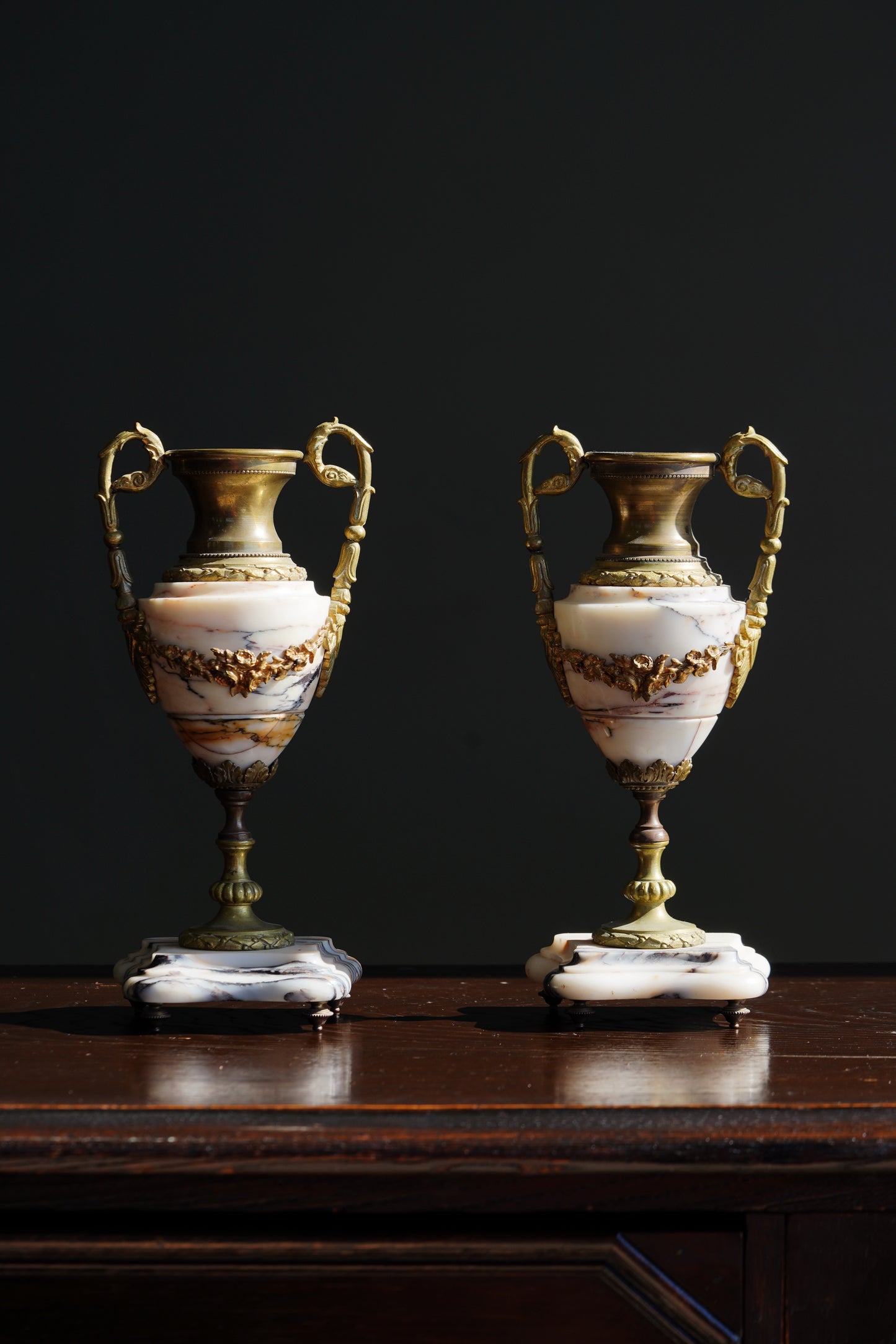 Antique French Marble and Brass Urns, Pair, Circa 1900