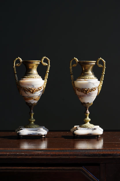 Antique French Marble and Brass Urns, Pair, Circa 1900