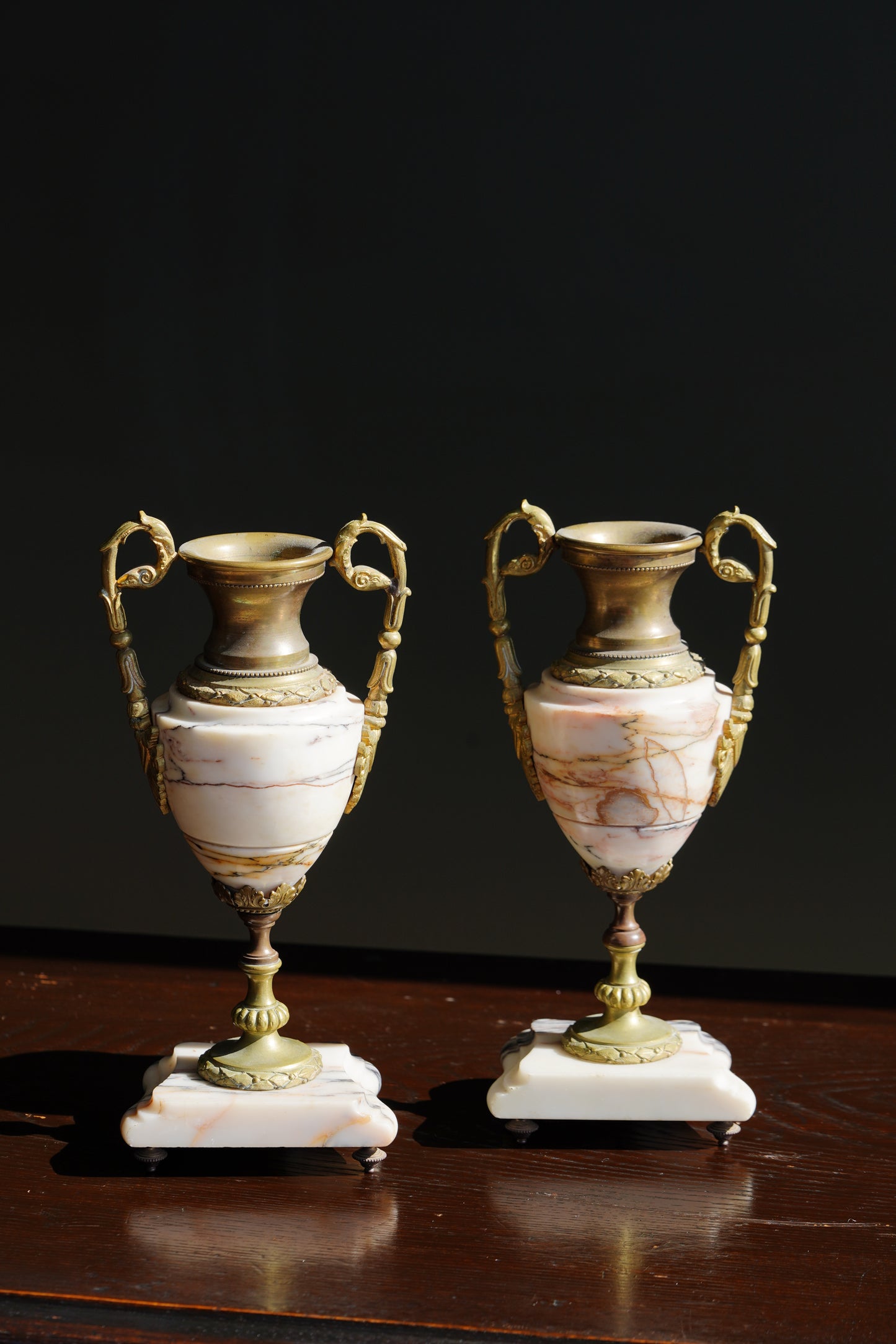 Antique French Marble and Brass Urns, Pair, Circa 1900