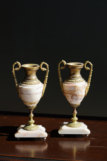 Antique French Marble and Brass Urns, Pair, Circa 1900