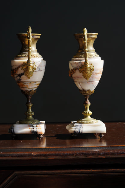 Antique French Marble and Brass Urns, Pair, Circa 1900