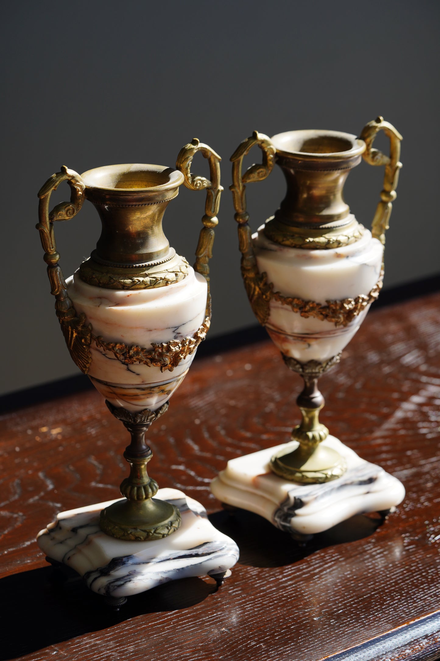 Antique French Marble and Brass Urns, Pair, Circa 1900