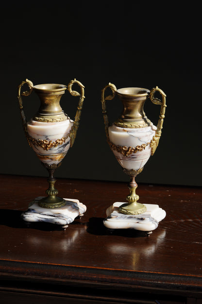 Antique French Marble and Brass Urns, Pair, Circa 1900