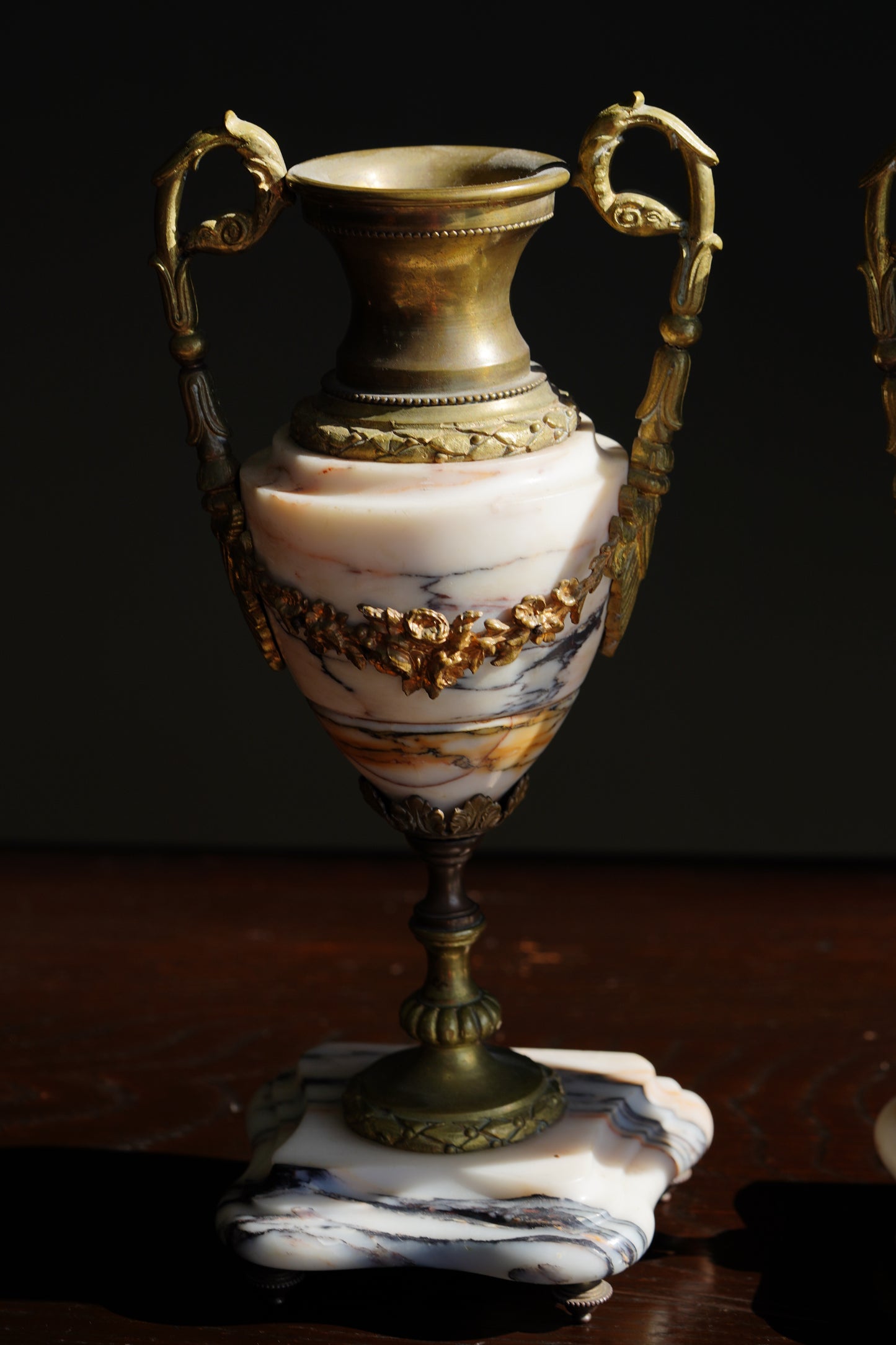 Antique French Marble and Brass Urns, Pair, Circa 1900