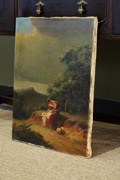 Antique Italian Mother and Child Oil Painting, Unframed, Circa 1900