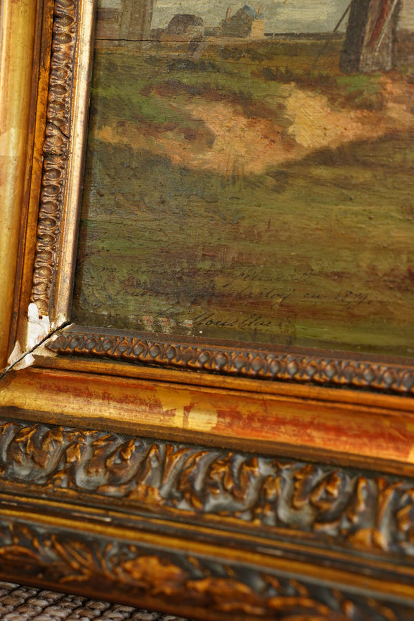 Antique Signed French Windmill Landscape Oil Painting on Panel, Dated 1879 secondary view