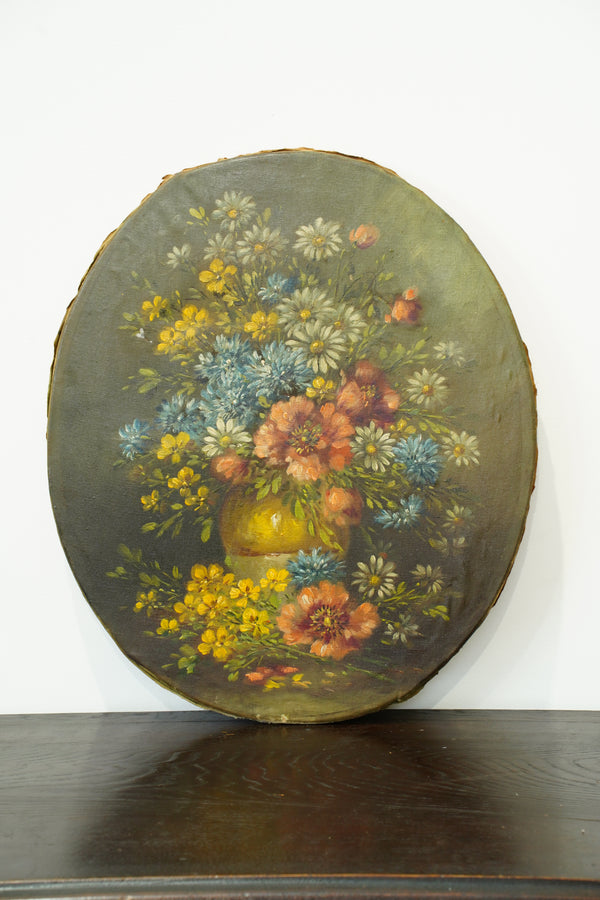 Antique European Oval Floral Oil Painting