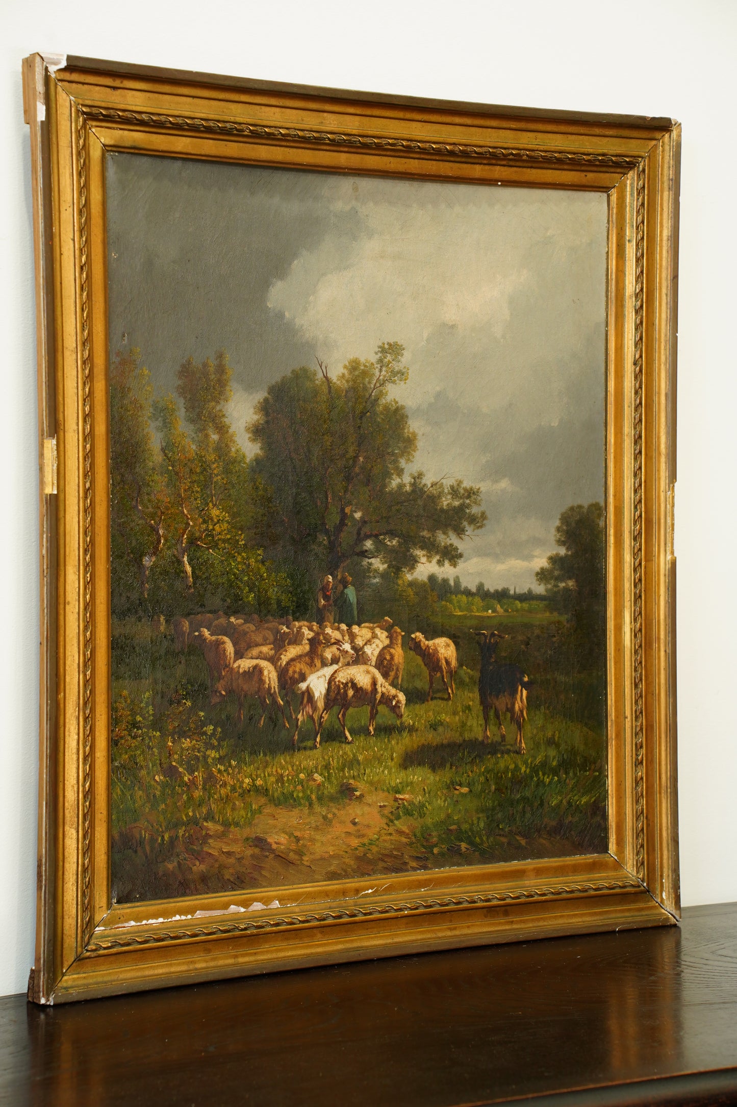 Antique French Sheep Painting Oil on Canvas Barbizon Pastoral, Circa 1880
