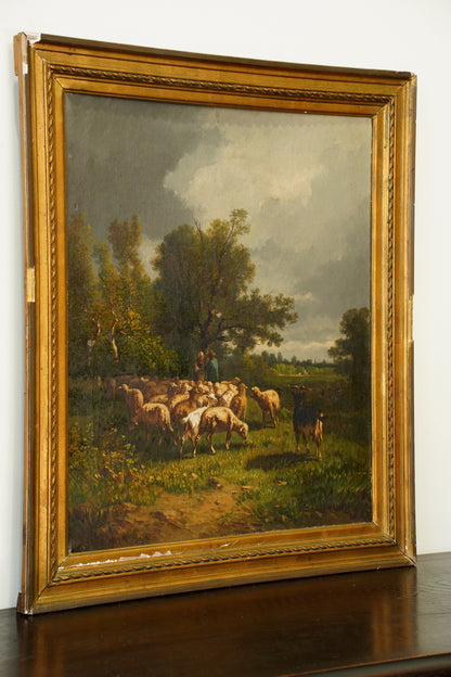 Antique French Sheep Painting Oil on Canvas Barbizon Pastoral, Circa 1880