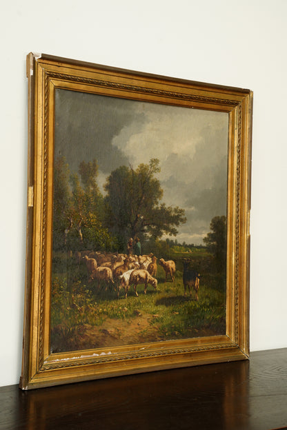 Antique French Sheep Painting Oil on Canvas Barbizon Pastoral, Circa 1880